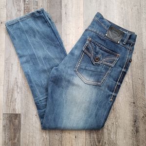 33X30 RING OF FIRE EMBROIDERY POCKETS JEANS EUC